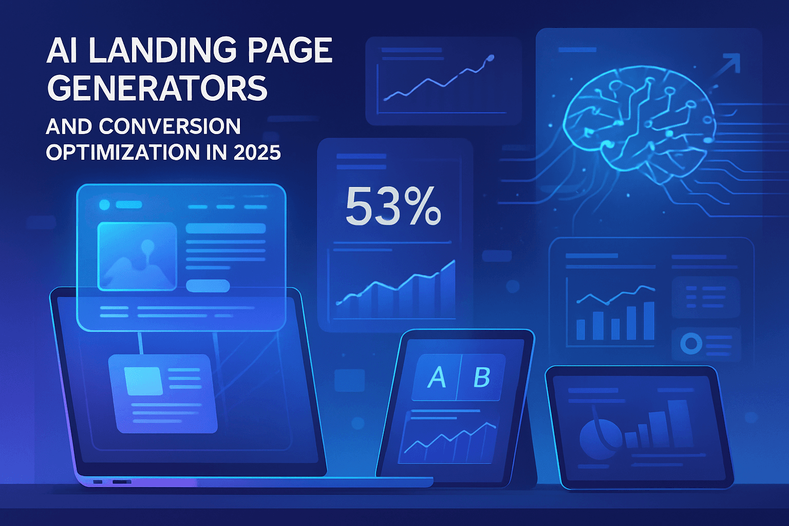 AI landing page generator interface showing design elements, conversion metrics, and multiple page variations being tested simultaneously