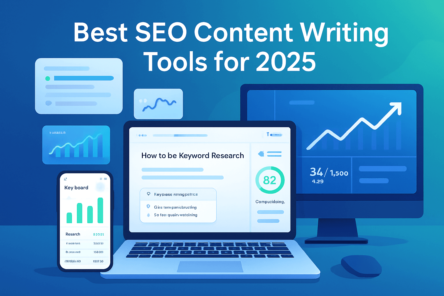 Various SEO content writing tools displayed on laptop and mobile screens showing performance metrics and content optimization