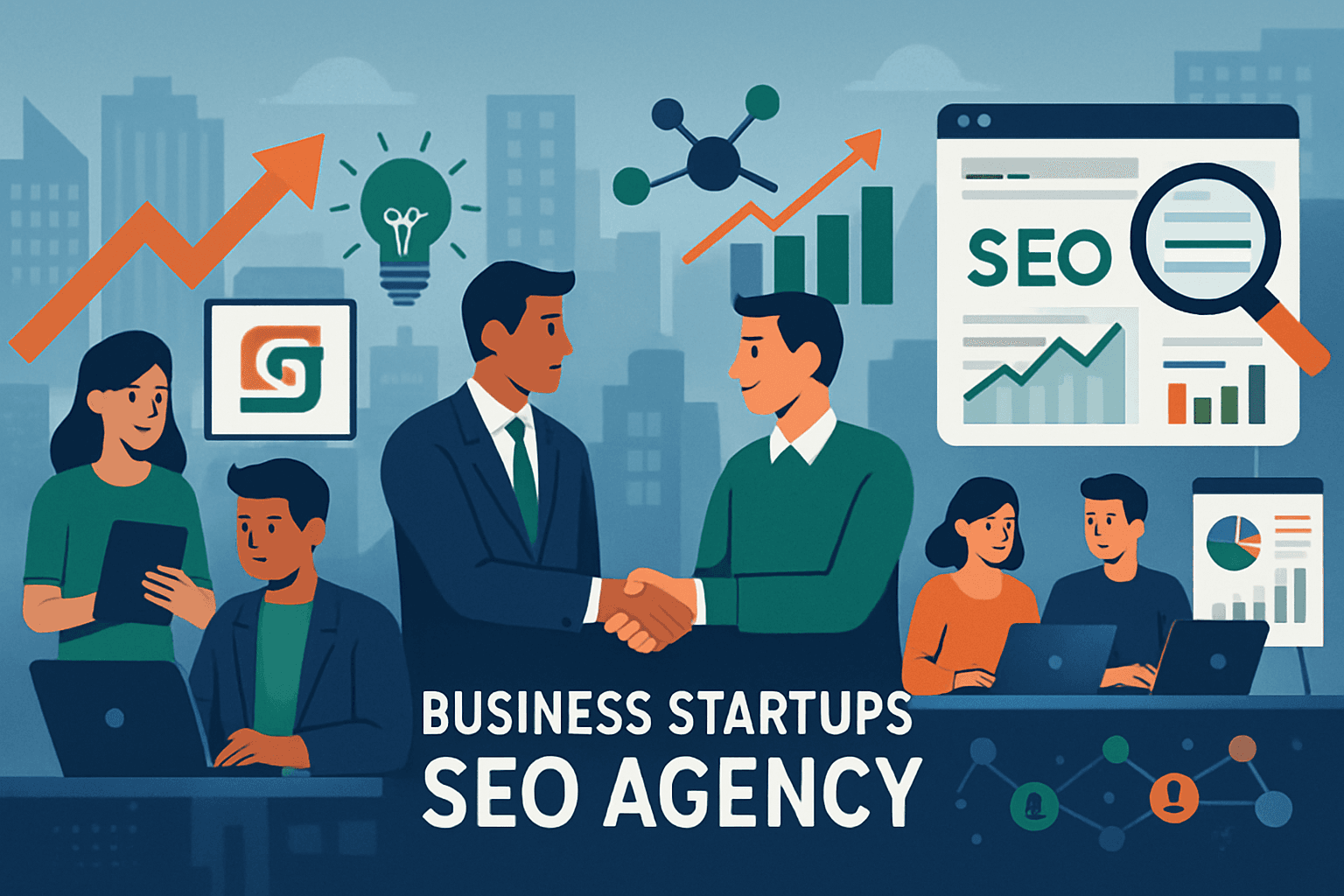 Startup growth chart with SEO strategy elements highlighted