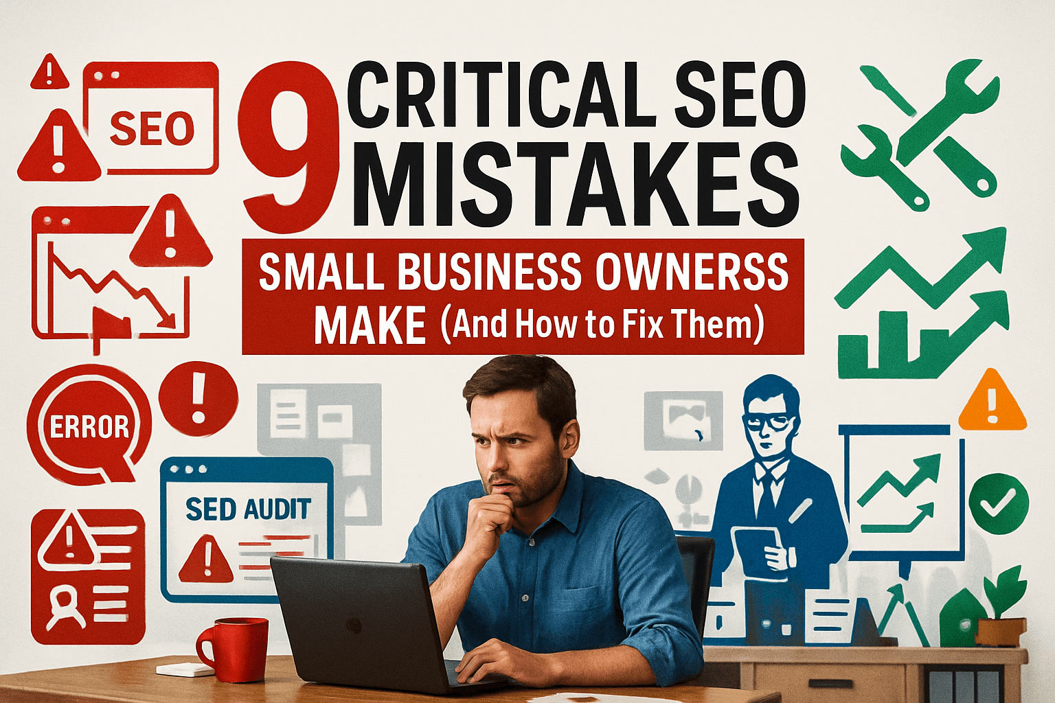 Small business owner looking frustrated while reviewing SEO analytics