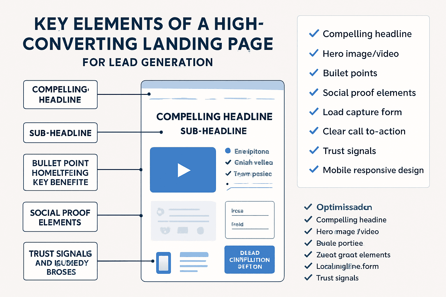 A diagram showing the key elements of a high-converting landing page for lead generation, based on an expert checklist.