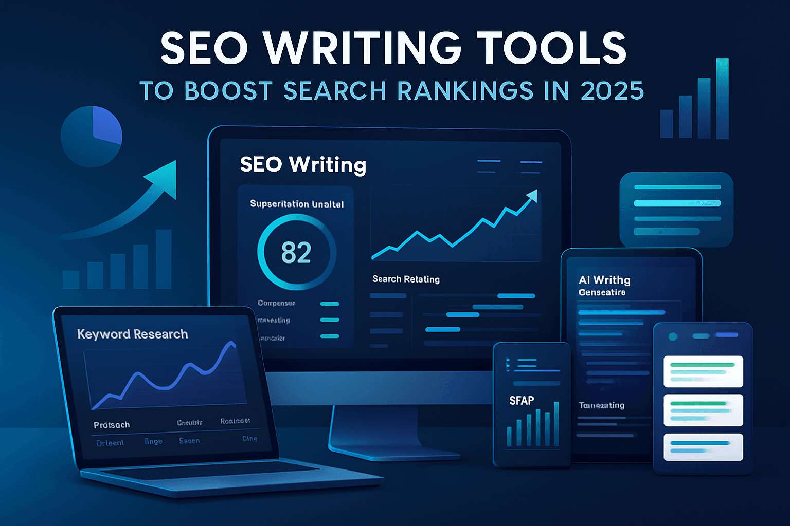 Professional using SEO writing tools on computer showing keyword analysis, content optimization and search rankings data
