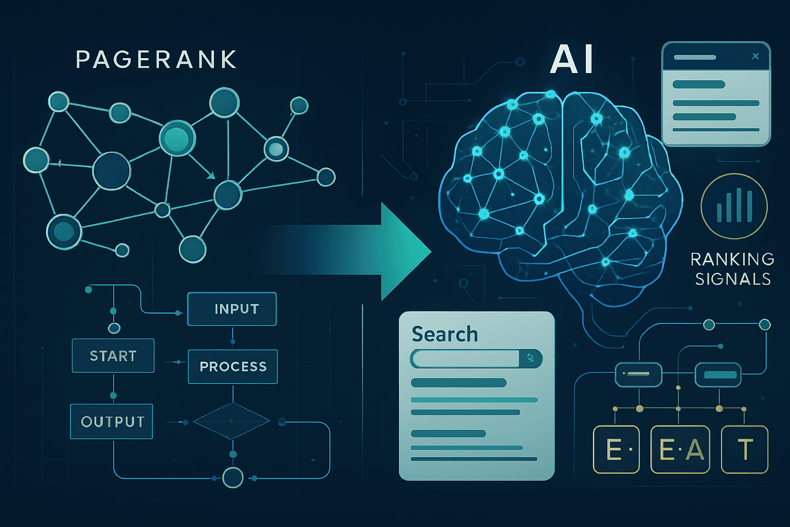 Visual representation of Google's ranking system evolution from PageRank to modern AI-driven algorithms with interconnected nodes and weighted signals