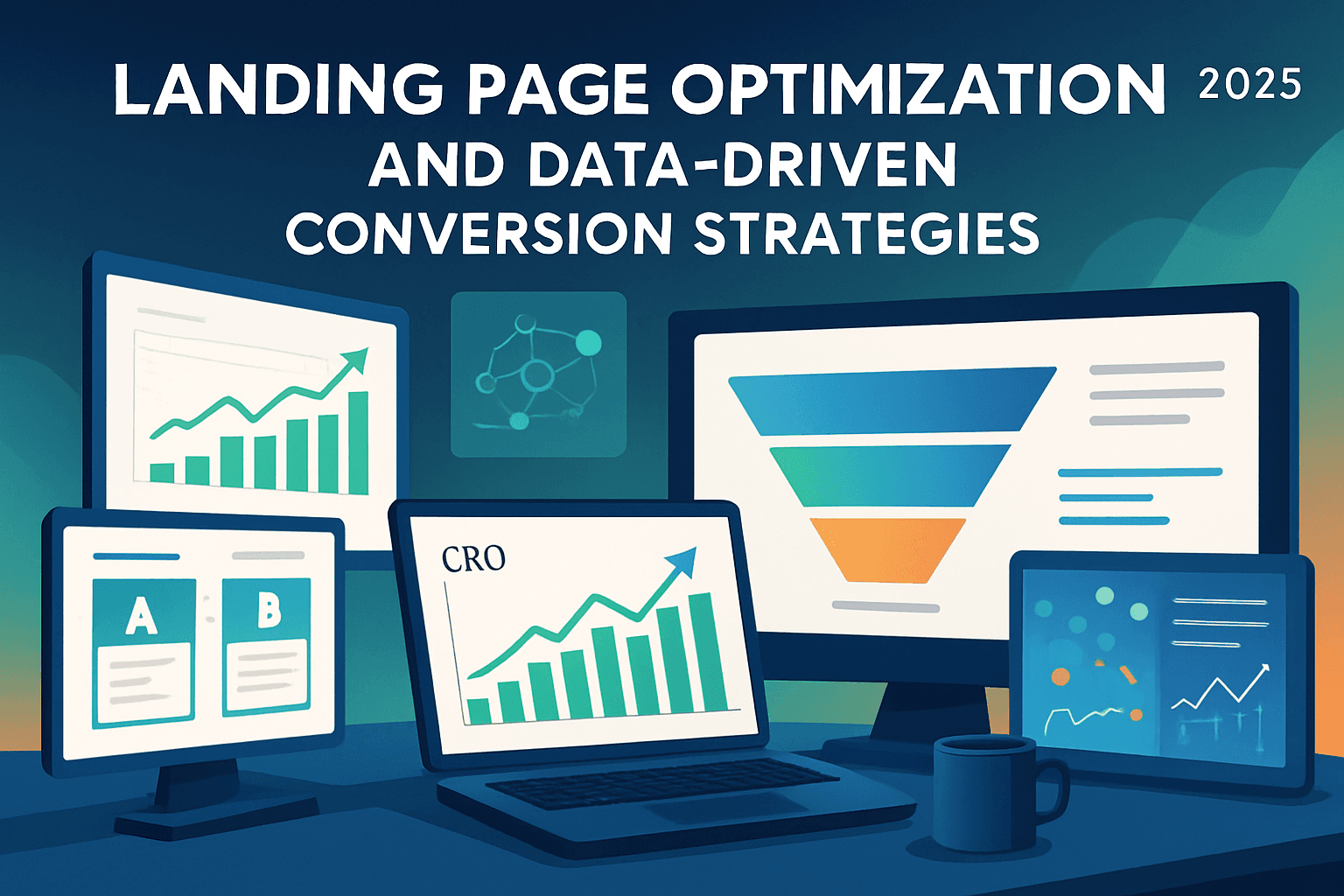 Landing page optimization dashboard showing conversion metrics, heatmaps, and A/B test results with an optimized landing page design in the background