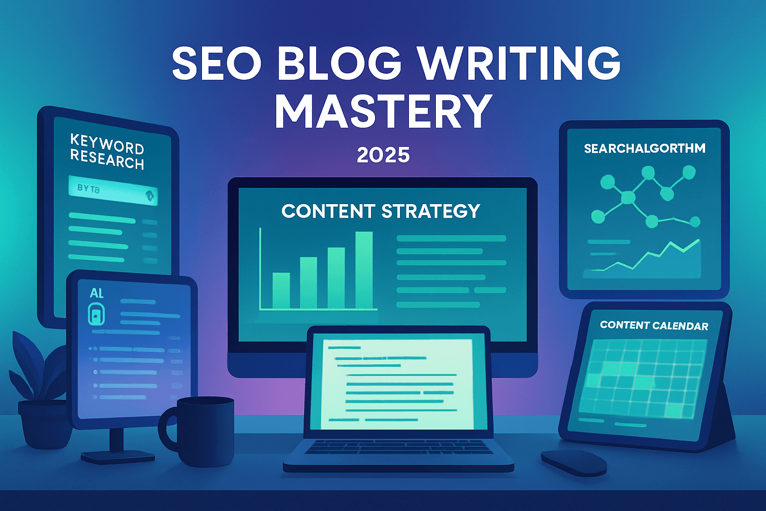 Writer creating SEO-optimized blog content with analytics dashboard showing search rankings and engagement metrics