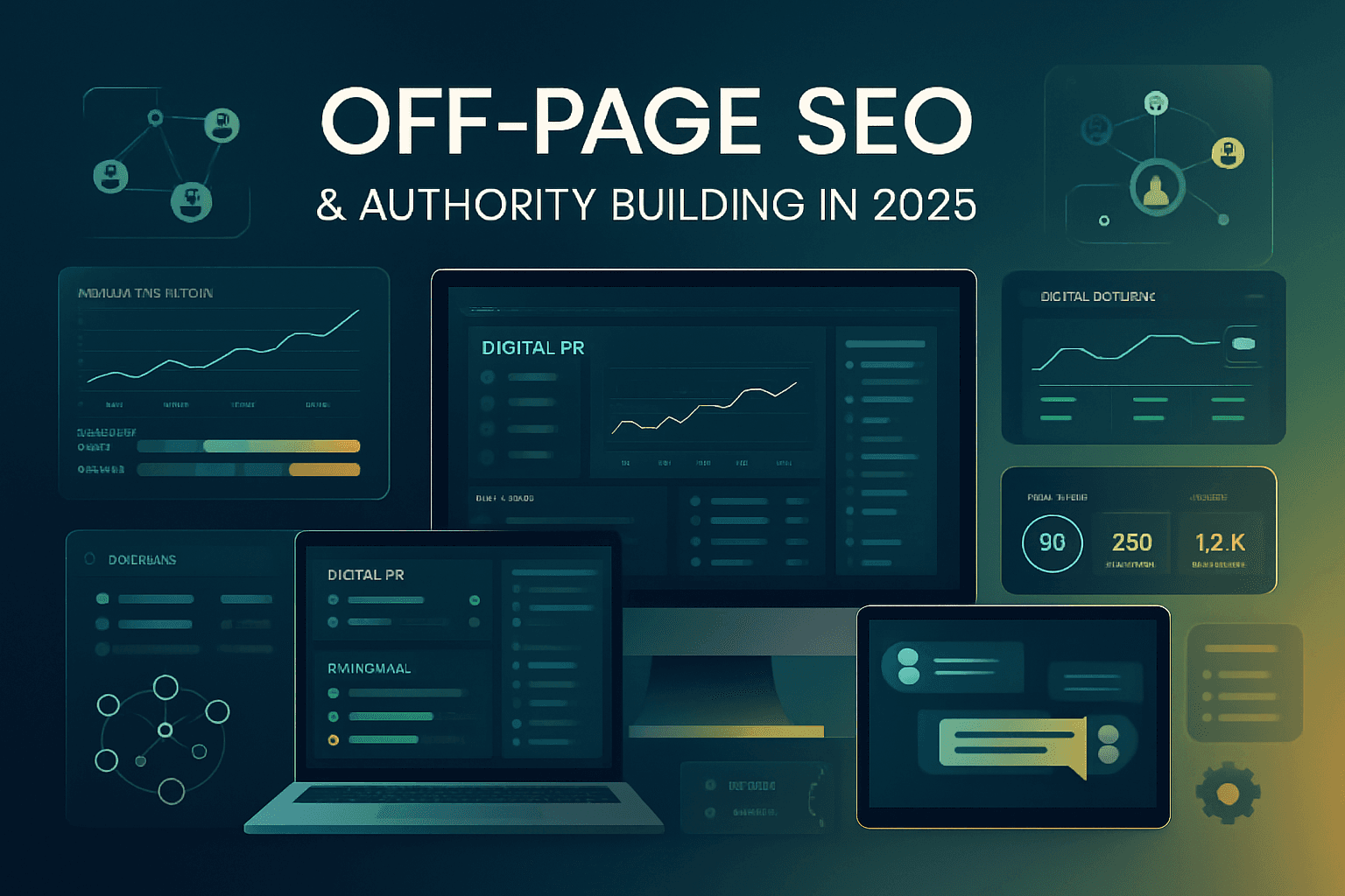 Visual representation of off-page SEO factors including backlinks, brand mentions, social signals, and authority metrics flowing toward a website
