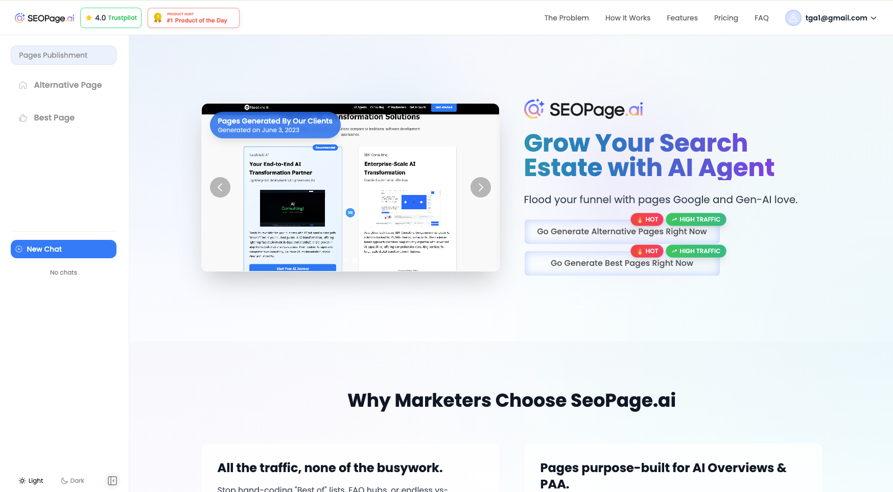 SeoPage.ai Dashboard Interface